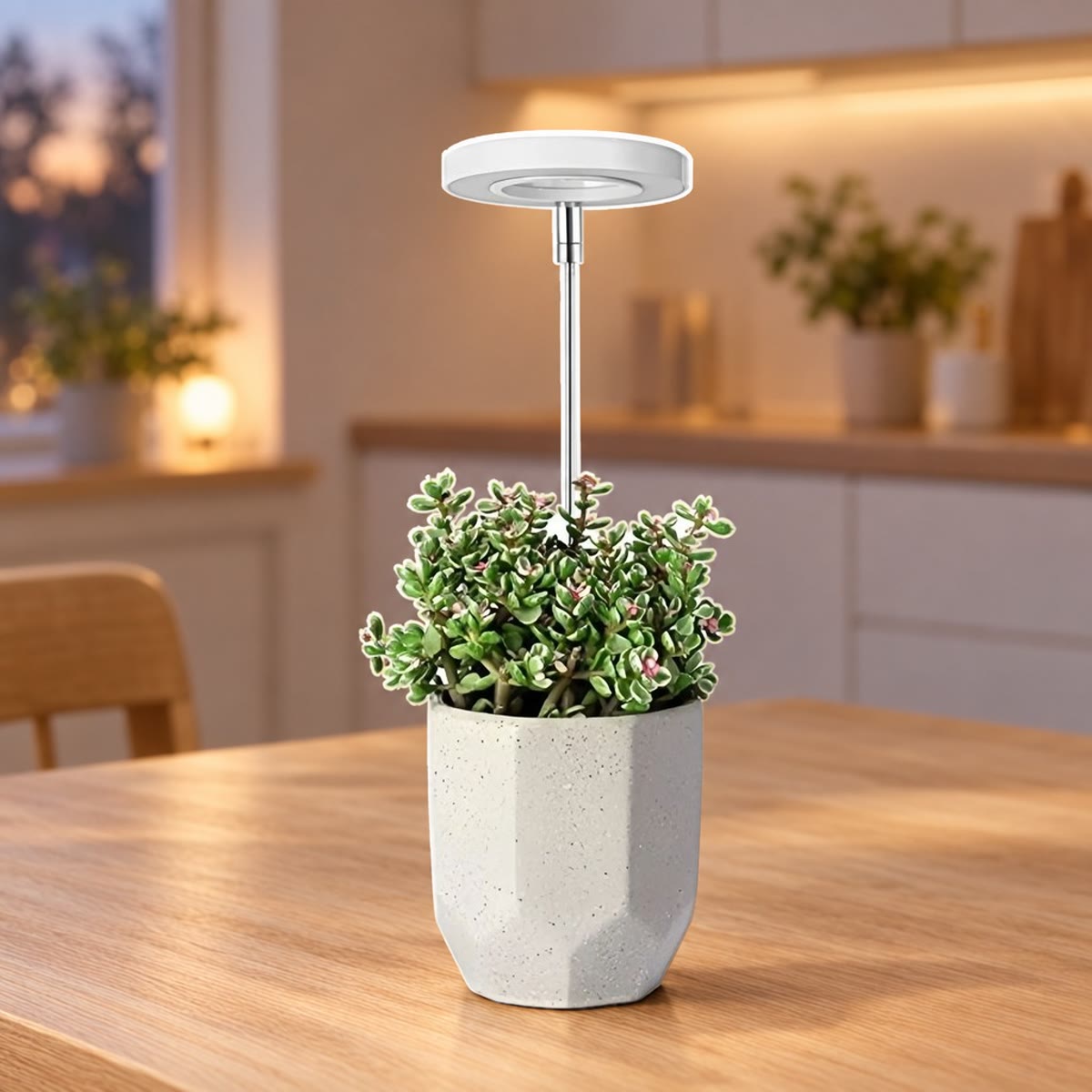 Groeilamp met LED-ring boven een kamerplant op een keukentafel, 's avonds
