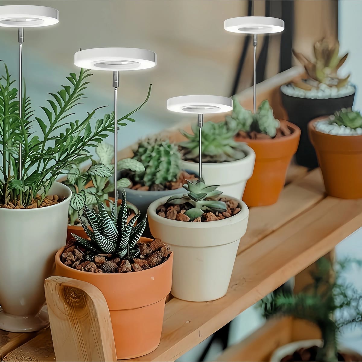 Vier groeilampen met LED-ring boven kamerplanten en succulenten op een houten plank
