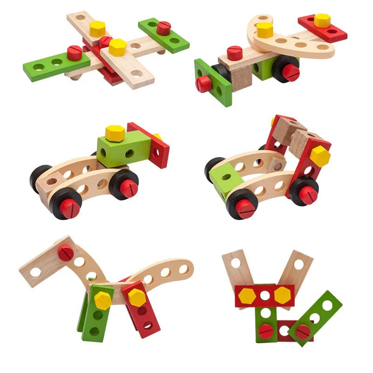 Zes afgebouwde modellen van de set: een vliegtuig, twee auto's, een paard en een figuur