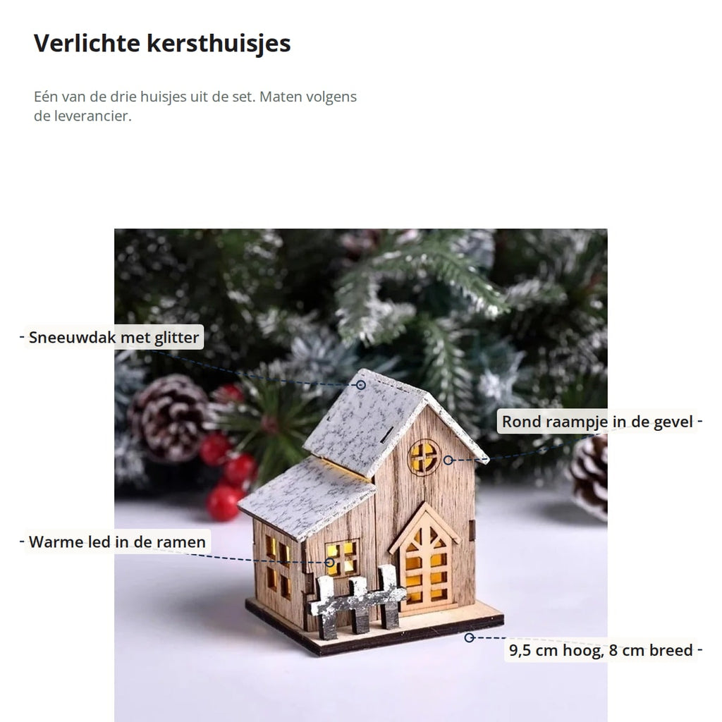 Het kersthuisje met aanduidingen: sneeuwdak met glitter, rond raampje in de gevel, warme led in de ramen en de maten 9,5 cm hoog en 8 cm breed