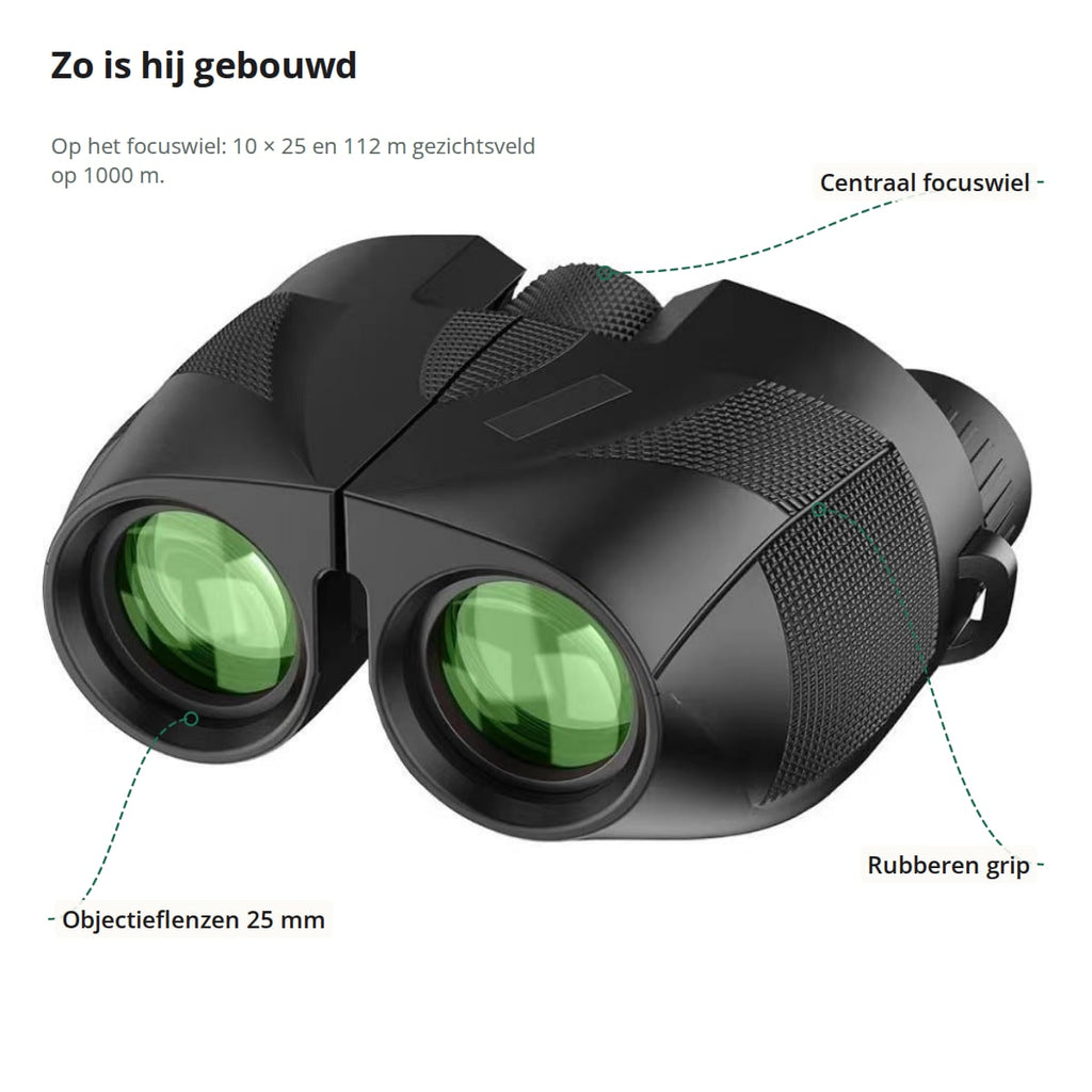 De verrekijker van voren met focuswiel, objectieflenzen van 25 mm en rubberen grip aangeduid
