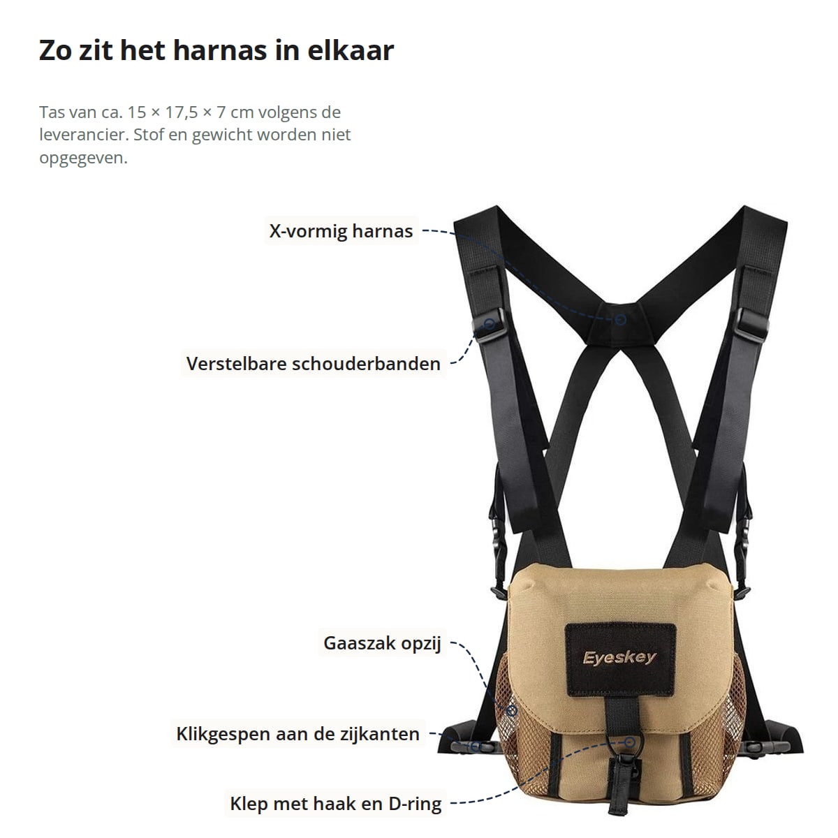 Het verrekijker harnas met aanduidingen: X-vormig harnas, verstelbare schouderbanden, gaaszak opzij, klikgespen aan de zijkanten en klep met haak en D-ring; tas van ca. 15 × 17,5 × 7 cm volgens de leverancier, stof en gewicht niet opgegeven