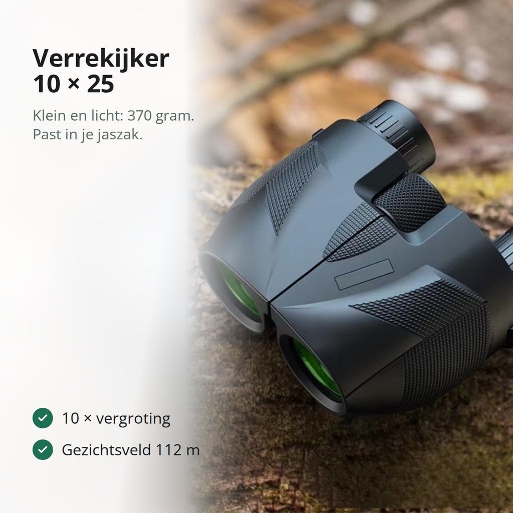 Compacte zwarte verrekijker 10 × 25 met groen gecoate objectieflenzen, van voren