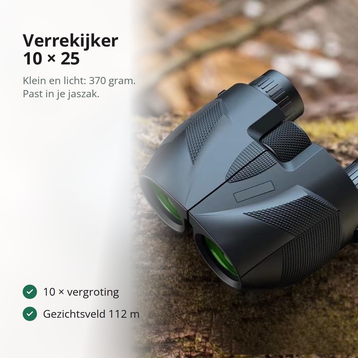 Compacte zwarte verrekijker 10 × 25 met groen gecoate objectieflenzen, van voren