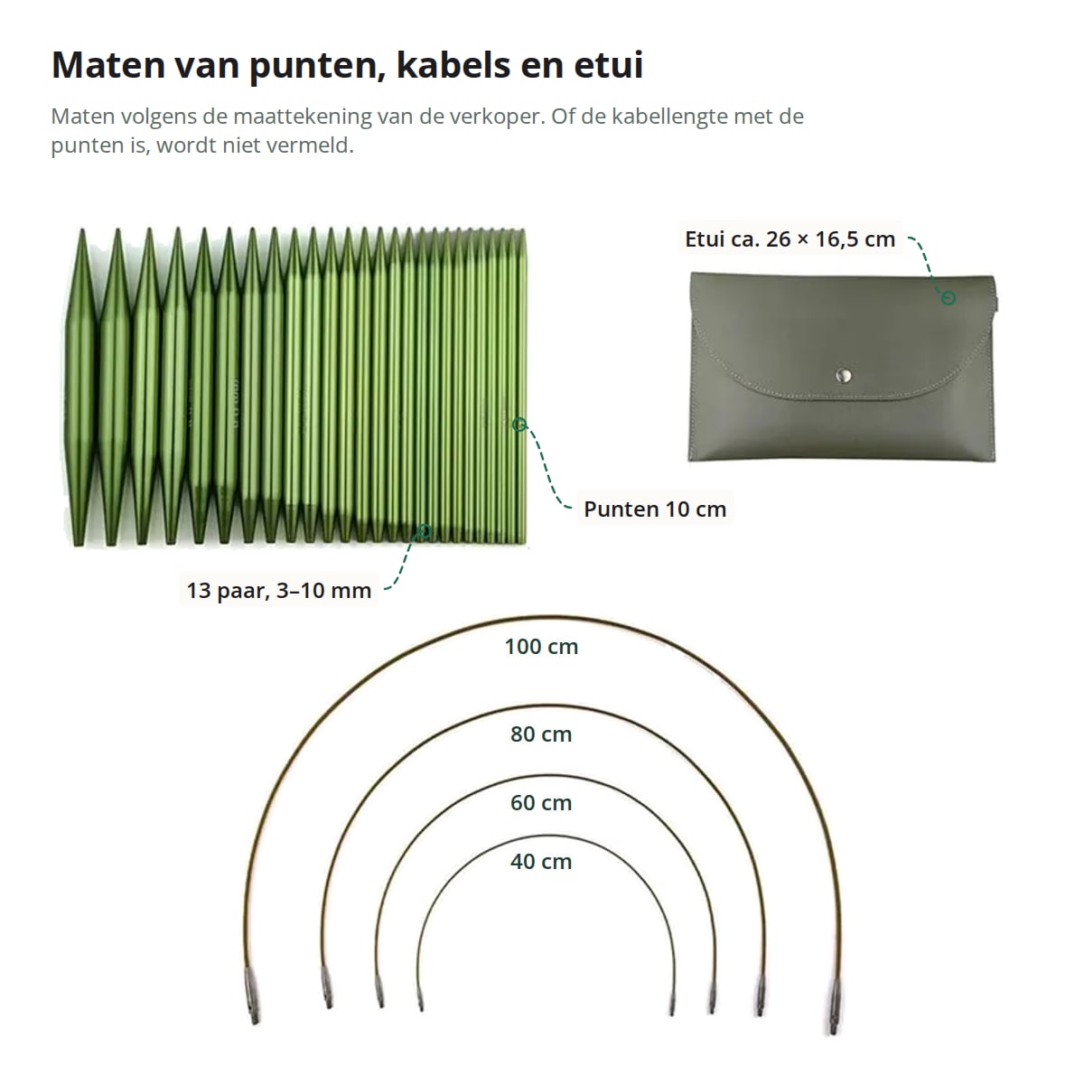 Maten volgens de verkoper: punten van 10 cm, kabels gemarkeerd met 40, 60, 80 en 100 cm en een etui van ca. 26 × 16,5 cm