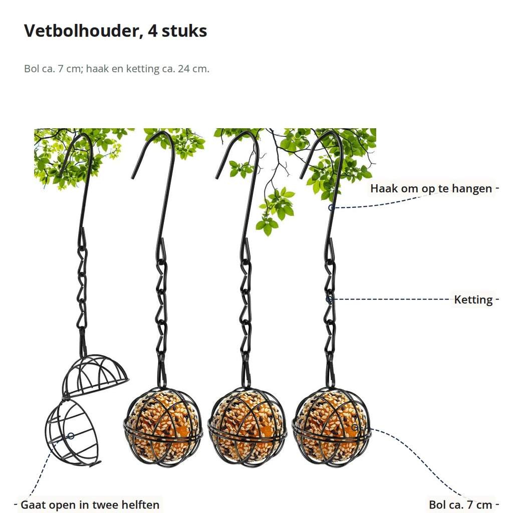 Vetbolhouder met aanduidingen: haak om aan op te hangen, ketting, bol van ca. 7 cm en bol die opengaat in twee helften