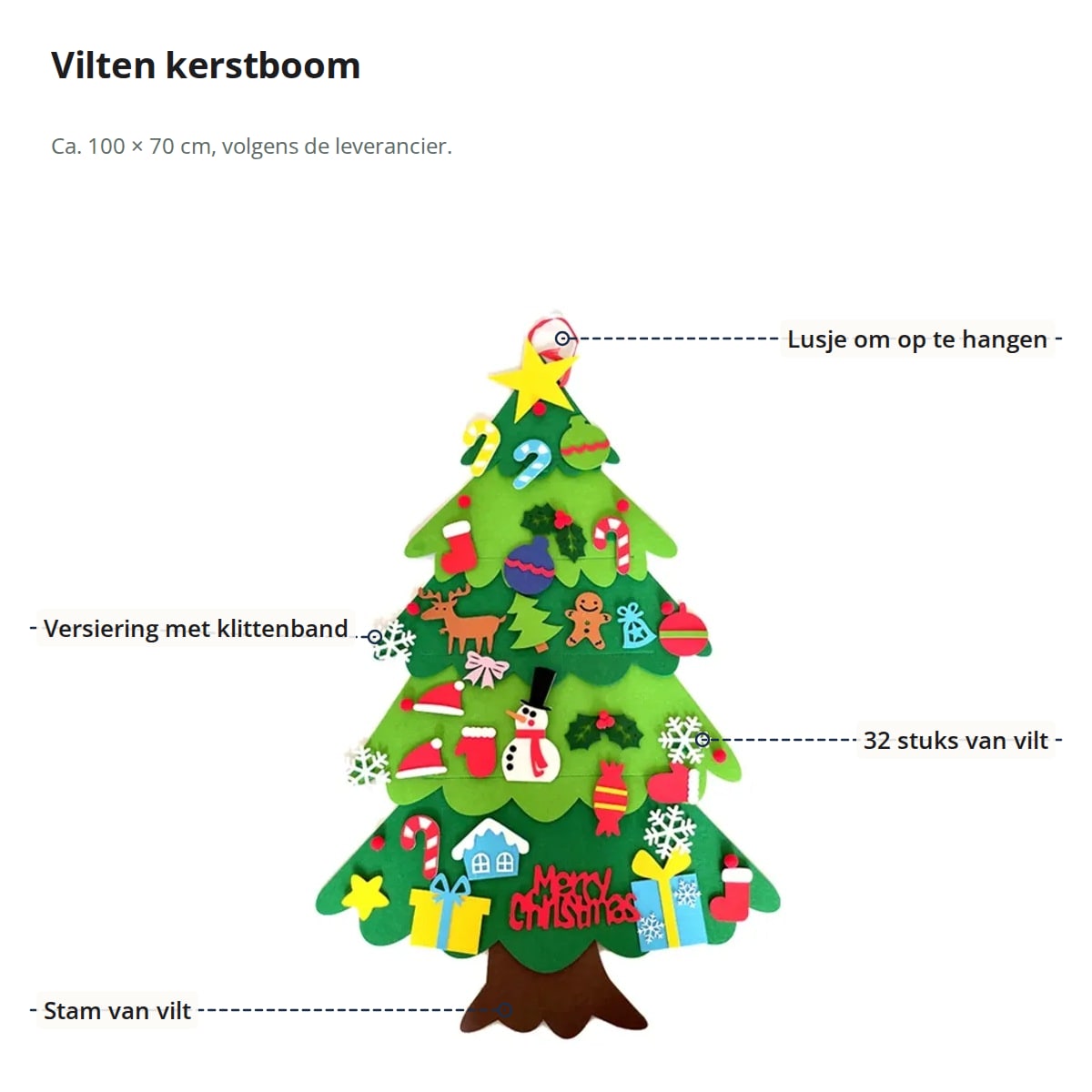 Vilten kerstboom met aanduidingen: lusje om op te hangen, versiering met klittenband, 32 vilten stuks en een vilten stam