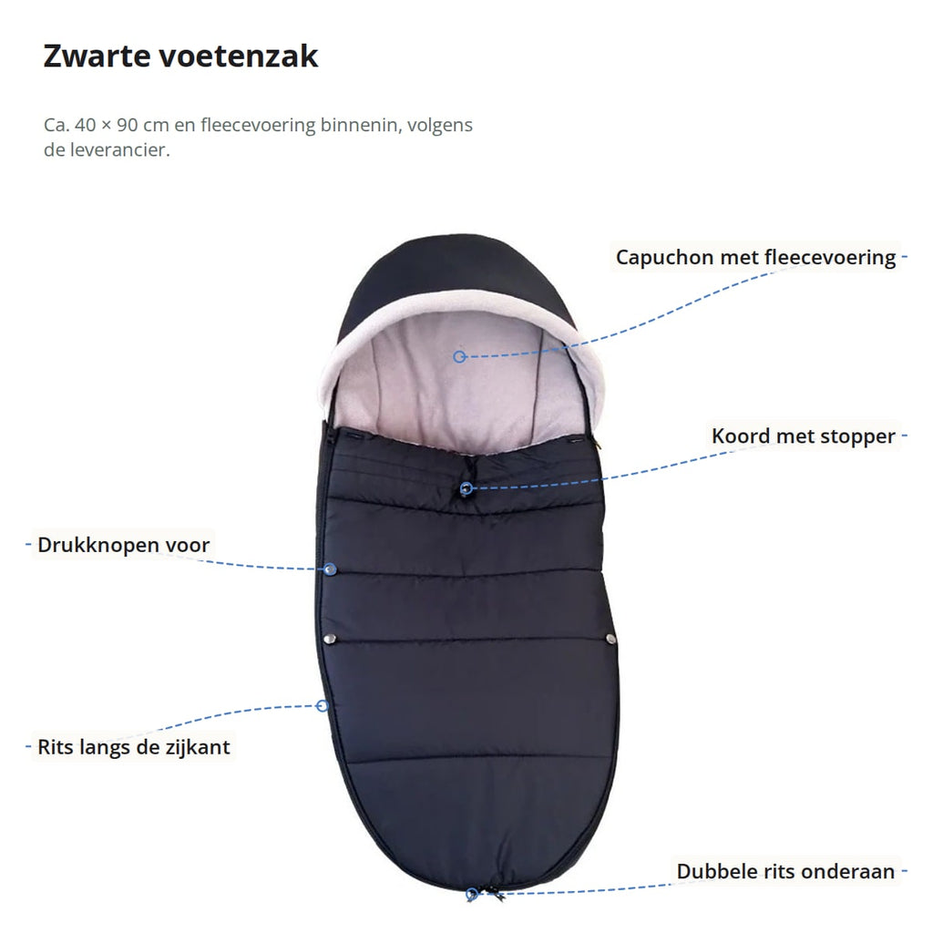 De zwarte voetenzak met aanduidingen: capuchon met fleecevoering, koord met stopper, drukknopen aan de voorkant, rits langs de zijkant en dubbele rits onderaan