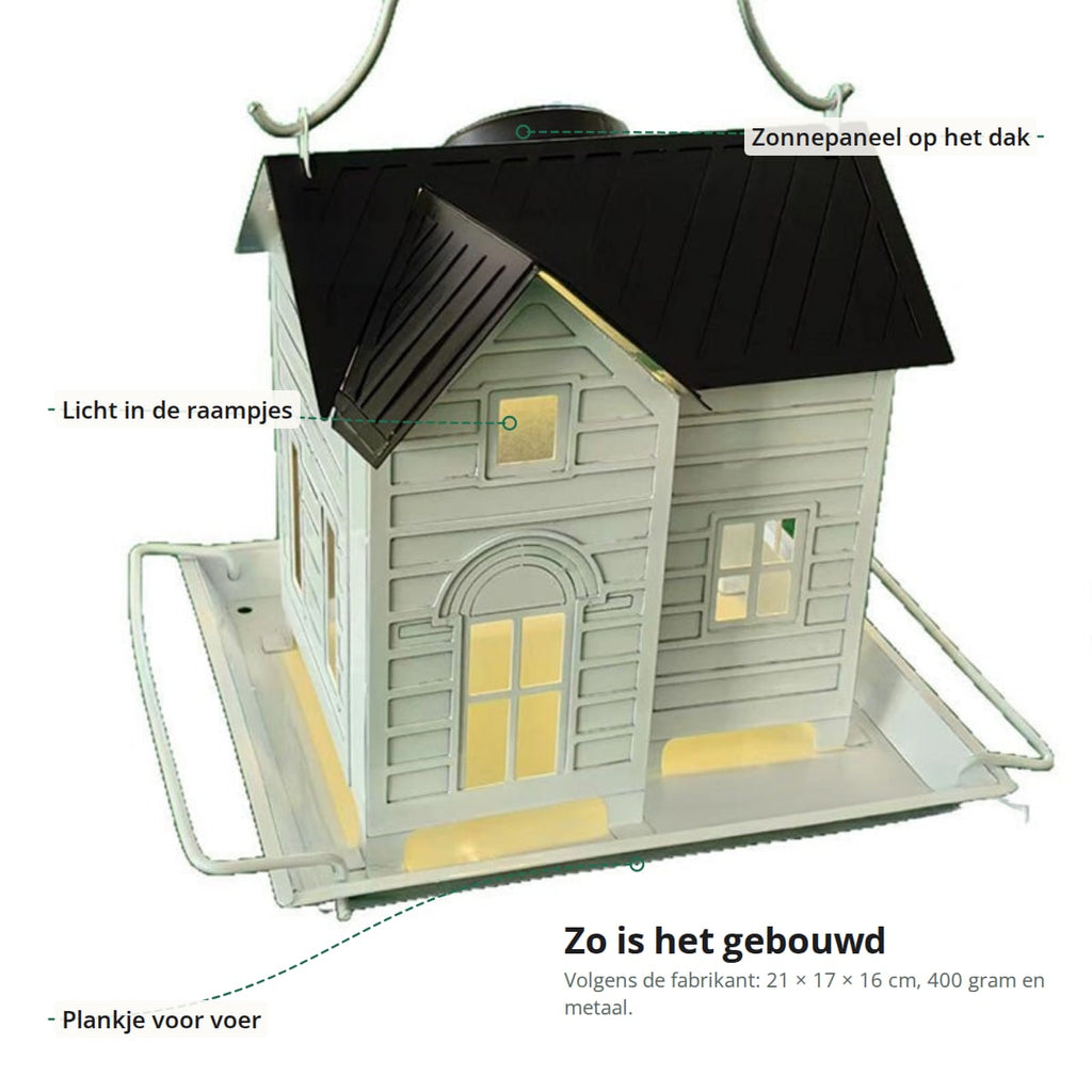 Het voederhuisje met zonnepaneel op het dak, licht in de raampjes en het voerplankje aangeduid