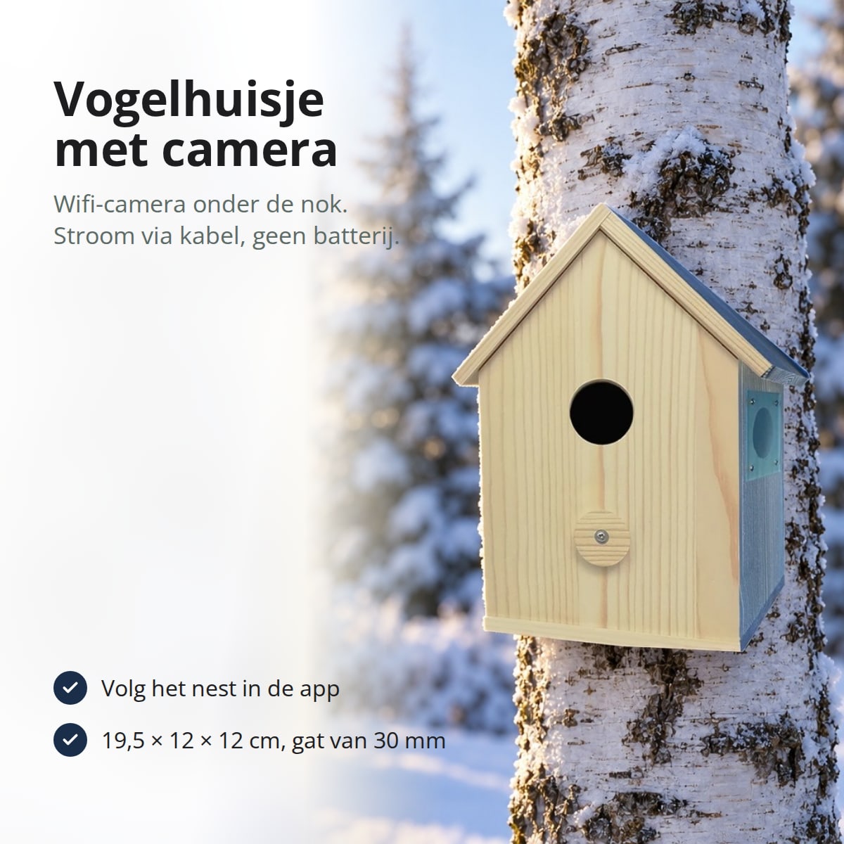 Houten vogelhuisje met zadeldak aan een berkenstam in de sneeuw, met de tekst: vogelhuisje met camera, wifi-camera onder de nok, stroom via kabel, geen batterij, volg het nest in de app, 19,5 × 12 × 12 cm, gat van 30 mm