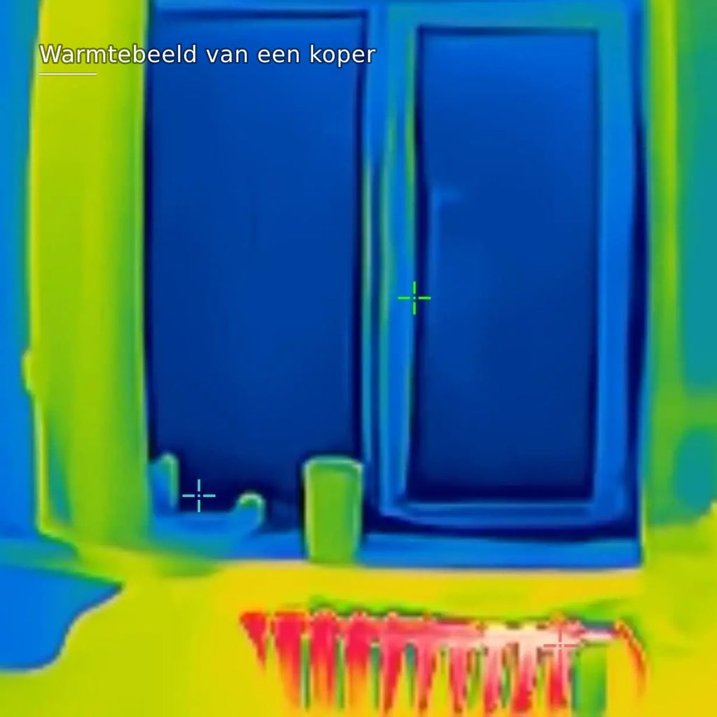Warmtebeeld gemaakt door een koper: het koude raam is blauw, de warme radiator eronder rood