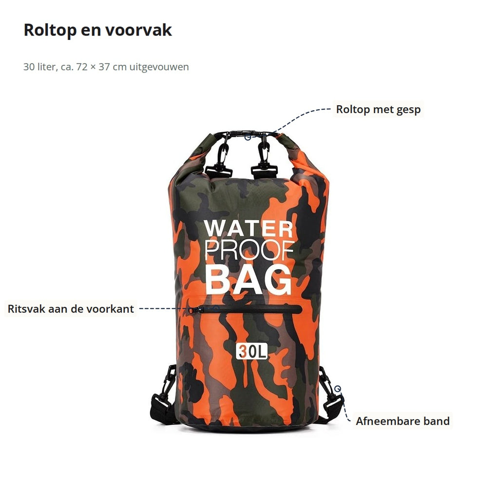 Waterdichte rugzak met roltop met gesp, ritsvak aan de voorkant en afneembare schouderband aangegeven