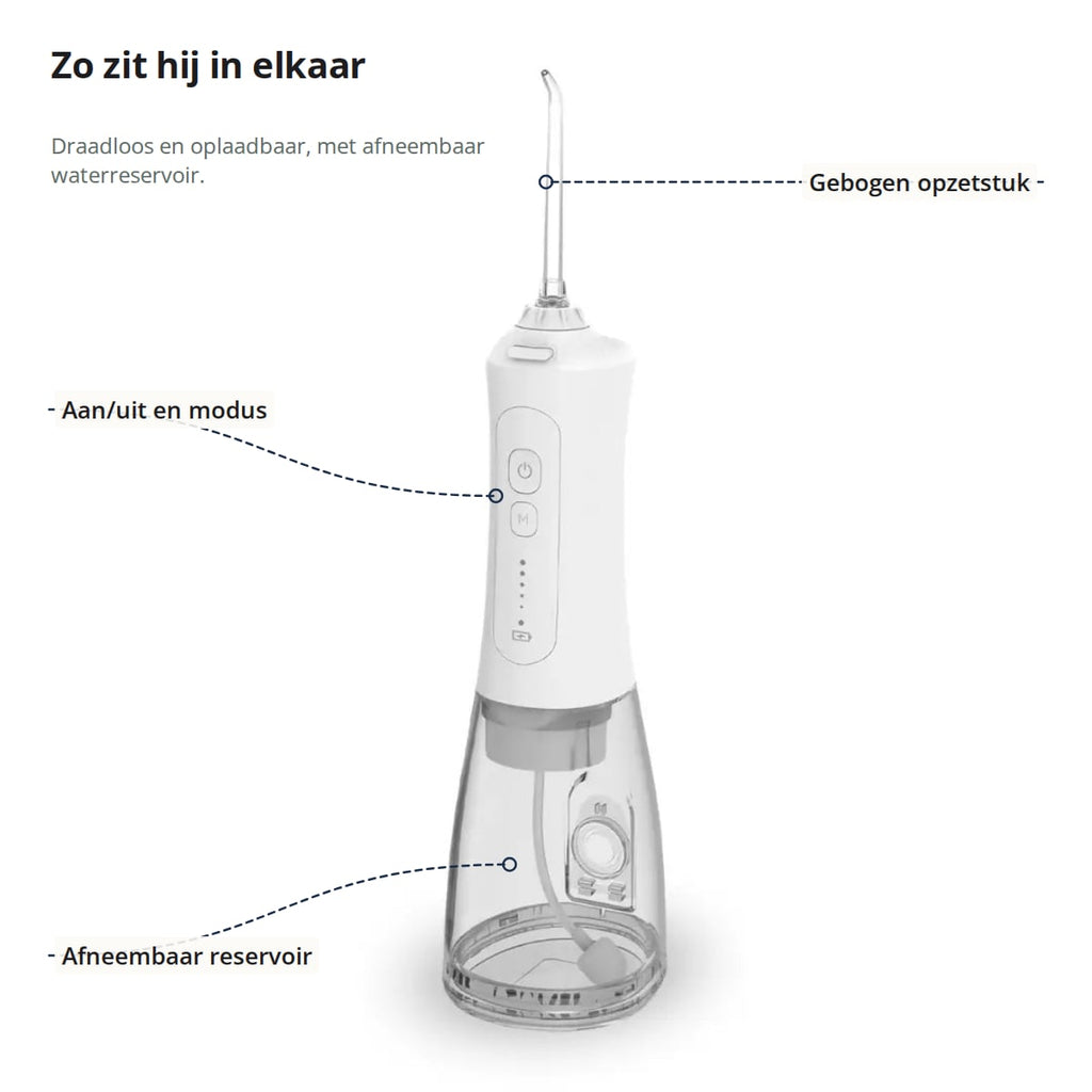 De waterflosser met gebogen opzetstuk, knoppen voor aan/uit en modus en het afneembare waterreservoir aangegeven