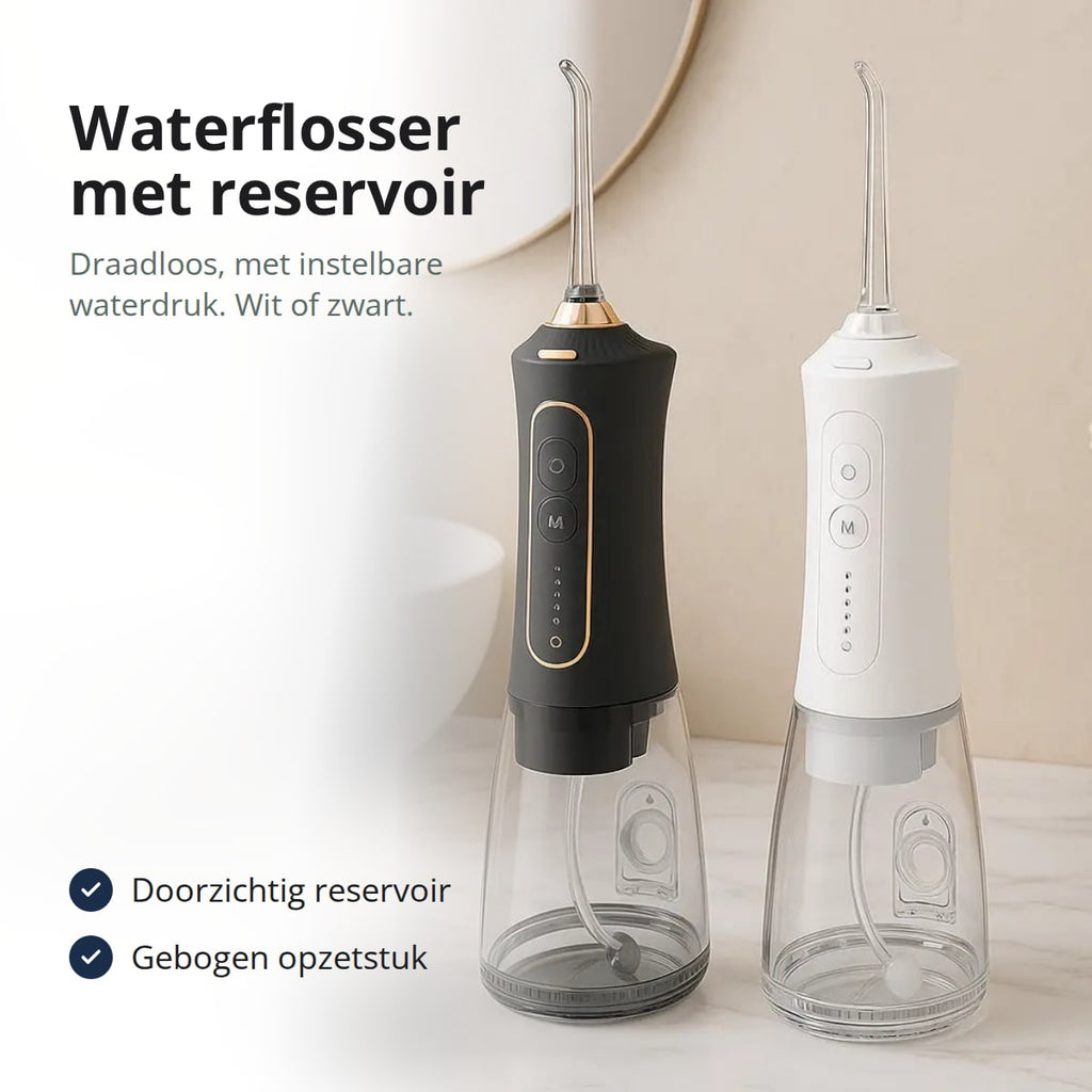 Witte en zwarte draadloze waterflosser met doorzichtig waterreservoir op een badkamerblad