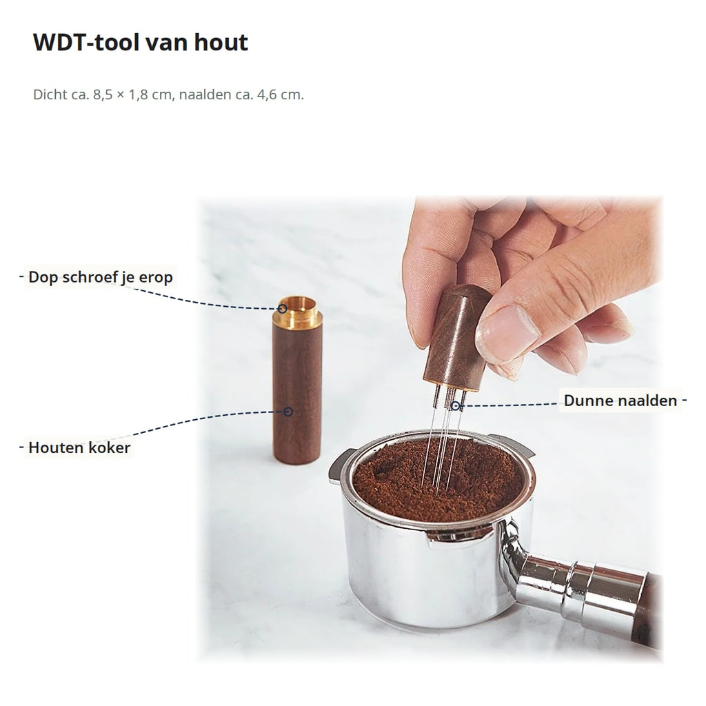 WDT-tool met aanduidingen: de dop schroef je erop, houten koker en dunne naalden, boven een filtermand met koffiepoeder