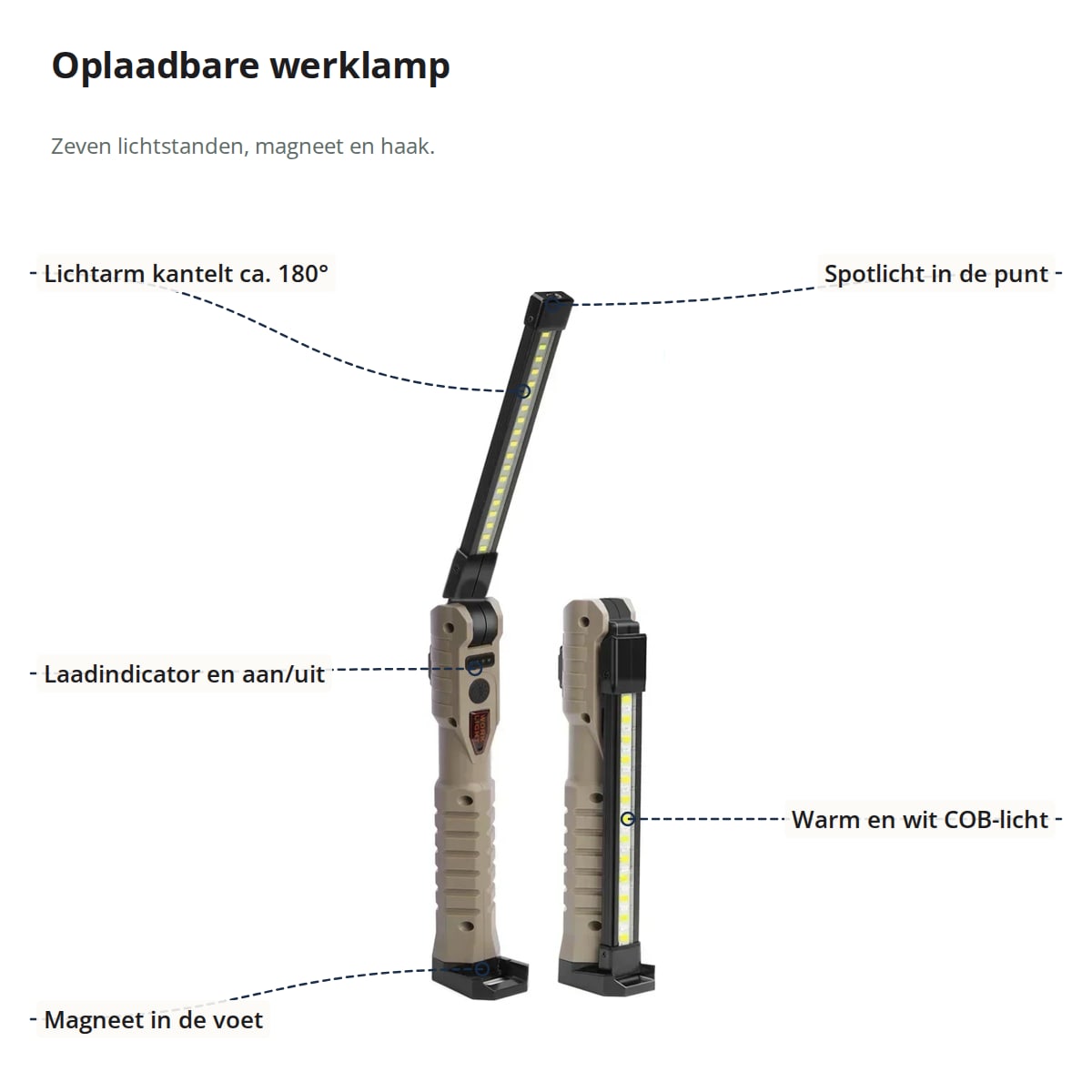 De werklamp uitgeklapt en ingeklapt, met aanduidingen: kantelbare lichtarm, spotlicht, laadindicator, COB-licht en magneet in de voet