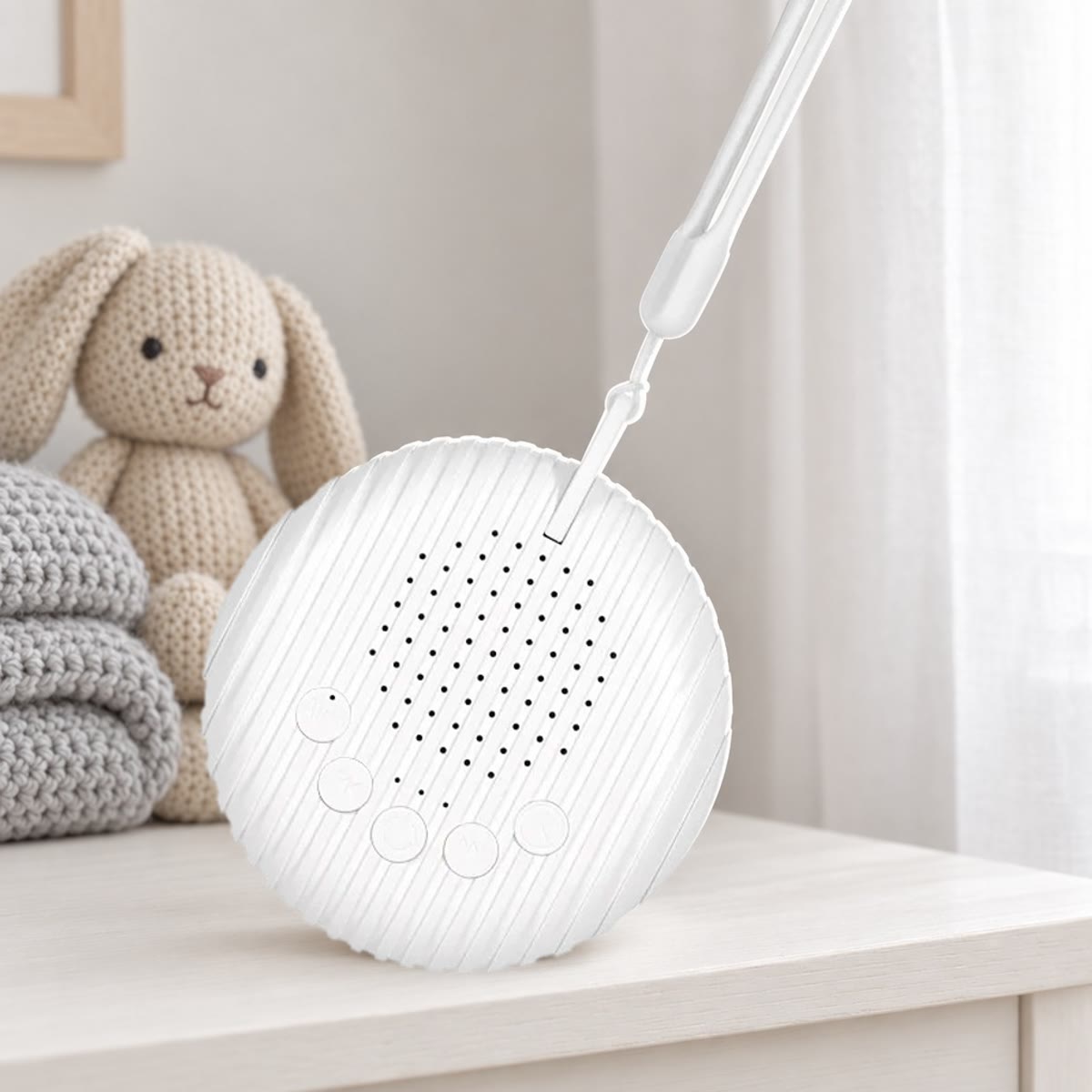 Witte white noise machine met koord op een plank in de kinderkamer, naast een gehaakt konijn en een plaid