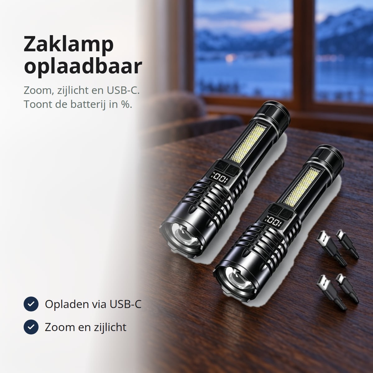 Oplaadbare zaklamp met zoom en zijlicht, met tekst: laadt op via USB-C, zoom en zijlicht