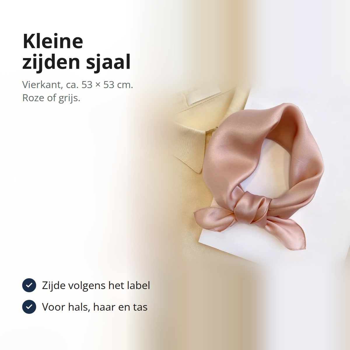 Kleine roze zijden sjaal geknoopt op een lichte blouse, met de tekst: vierkant, ca. 53 × 53 cm, zijde volgens het label